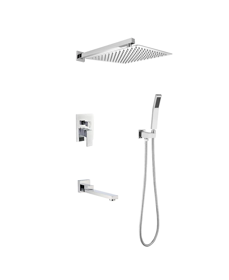 Rainsken Wall mounted shower system combo with hand shower, 12 inch shower head and tub spout, Silver