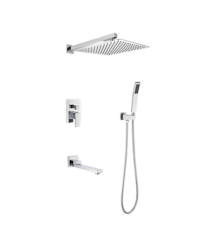 Rainsken Wall mounted shower system combo with hand shower, 12 inch shower head and tub spout, Silver