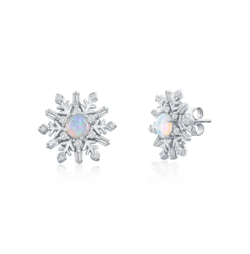 Sterling Silver, Opal & Cz Snowflake Studs