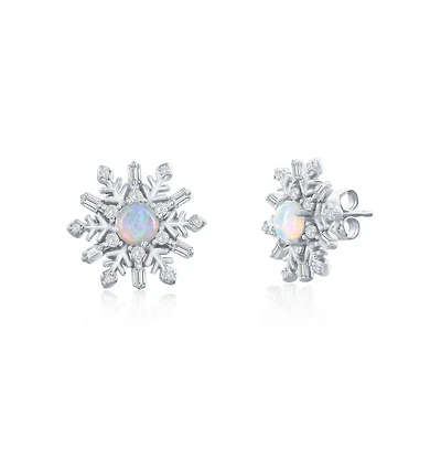 Sterling Silver, Opal & Cz Snowflake Studs