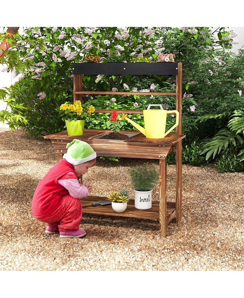 Gymax Kids Potting Bench Wooden Toy Gardening Center w/ Removable Sink & Chalkboard