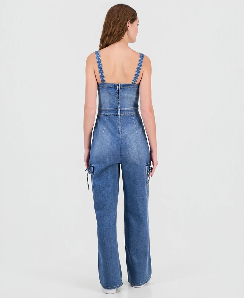 Tinseltown Juniors' Tie-Waist Denim Wide-Leg Jumpsuit