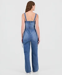 Tinseltown Juniors' Tie-Waist Denim Wide-Leg Jumpsuit