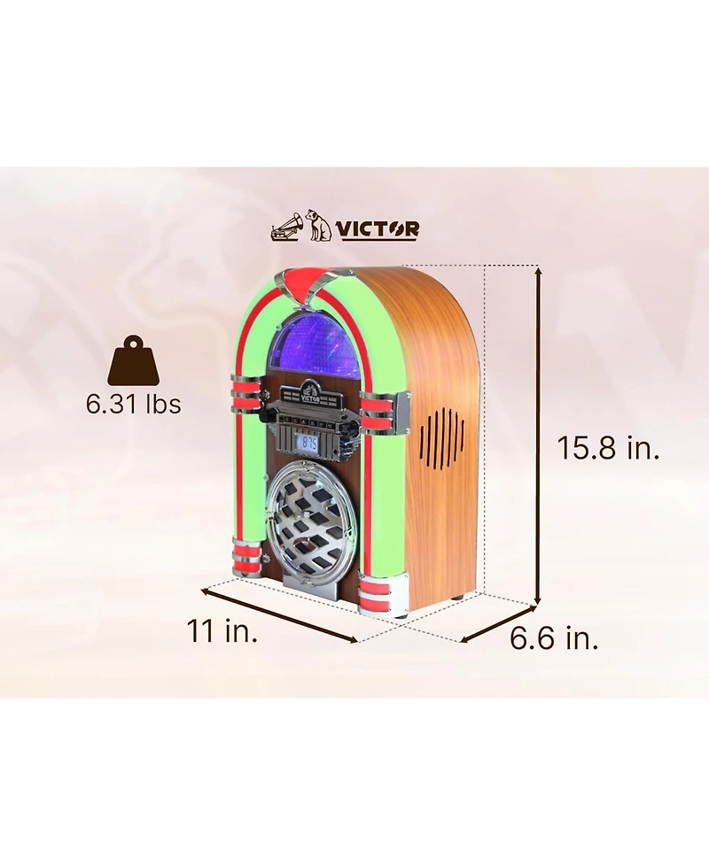 Victor Broadway Desktop Bluetooth Led Jukebox Speaker with Cd Player and Fm Radio - Mahagony