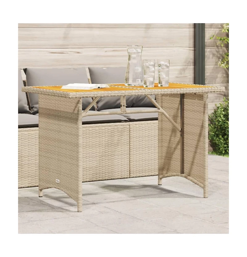 Patio Table with Wooden Top Beige Poly Rattan