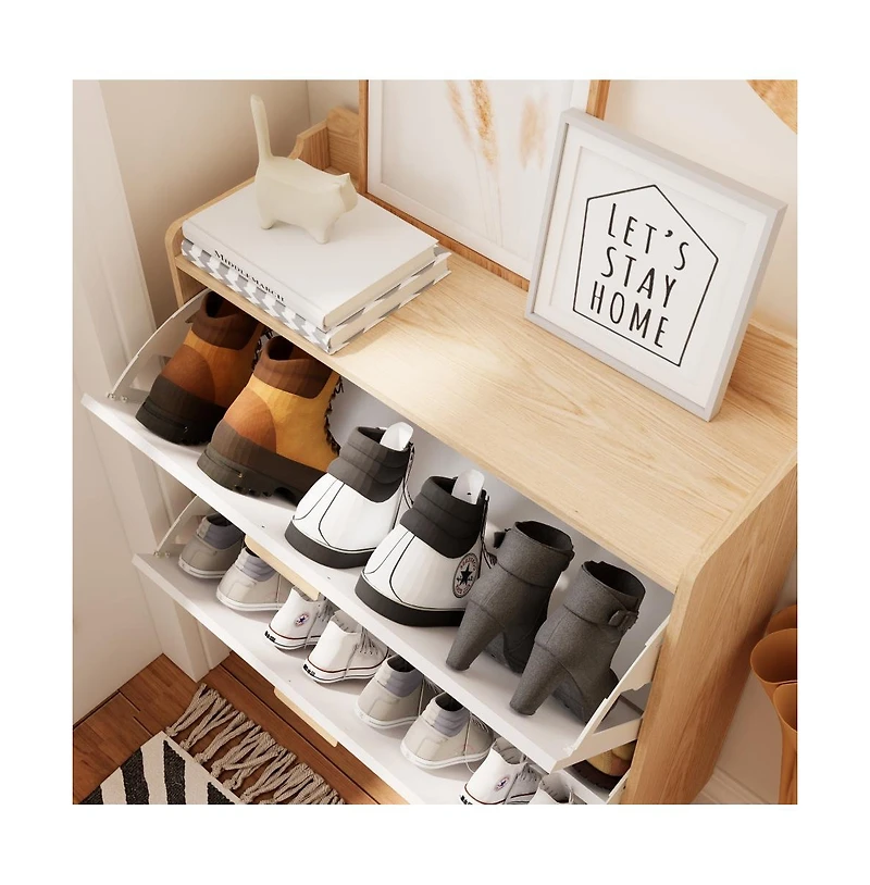 Chic Crate-31.5in Nordic Shoe Storage Cabinet 2 Flip-Drawer Organizer | Solid Wood Legs | Entryway/Narrow | White/Solid Wood