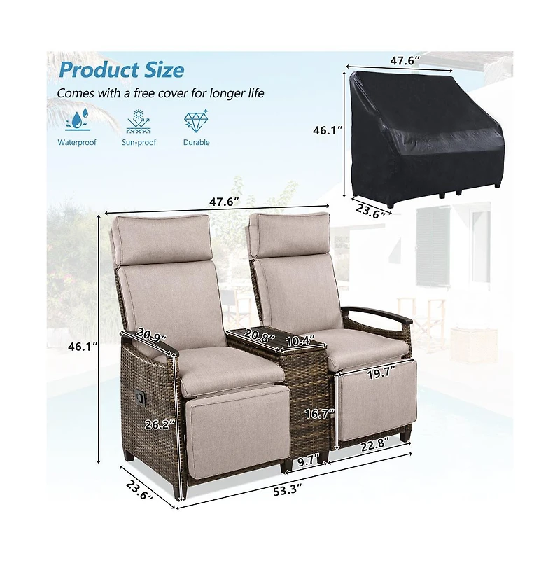 Chic Crate-Adjustable Backrest Wicker Outdoor Recliner Loveseat Set with Acacia Wood Armrests & Built-in Storage Table (Brown)