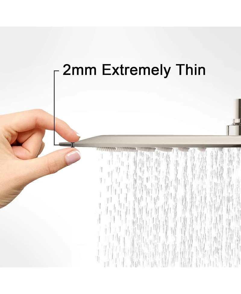 Rainsken 12 Inch Brushed Nickel Rain Shower Head, Square Ultra Thin 304 Stainless Steel Shower Head Full Body Coverage Waterfall Shower Head