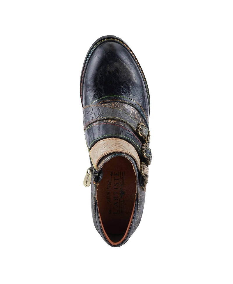 L Artiste Women s Graphic Handpainted Floral Leather Shooties with Antique Buckle and Stacked Heel