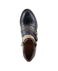 L Artiste Women s Graphic Handpainted Floral Leather Shooties with Antique Buckle and Stacked Heel