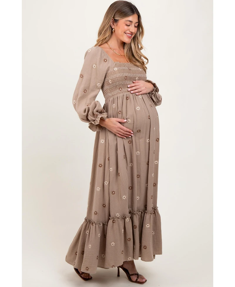 Pinkblush Maternity Grey Taupe Long Sleeve Floral Accent Dress