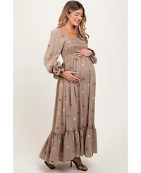 Pinkblush Maternity Grey Taupe Long Sleeve Floral Accent Dress