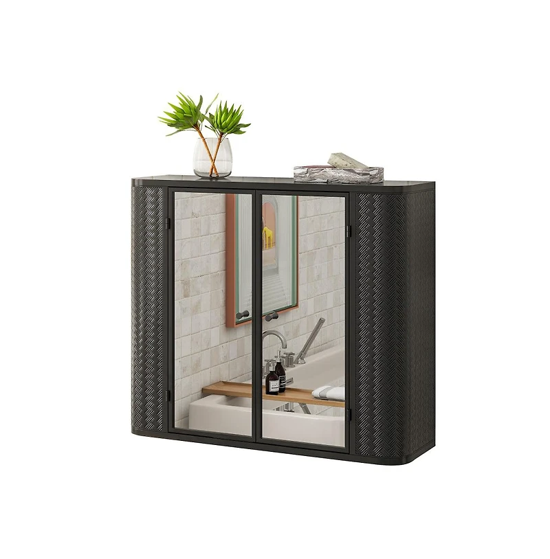Chic Crate Black Wall-Mounted Vanity 2 Mirrored Doors & Open Shelf | Farmhouse Metal Frame | Over-the-Sink