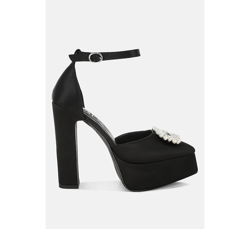 Womens Maeissa Pearls Brooch Detail Platform Block Heel Sandals