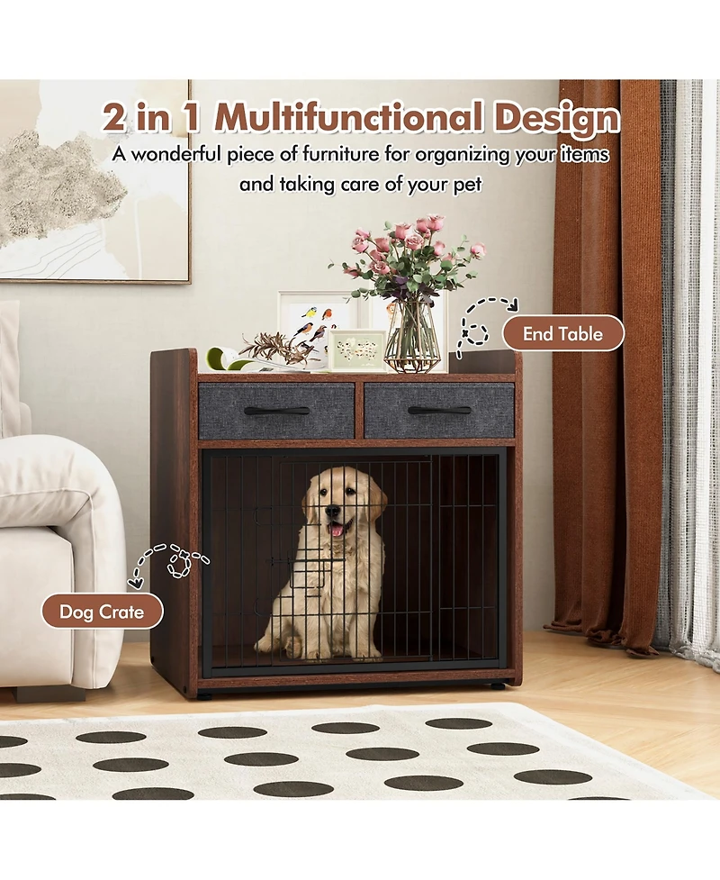 Gymax Industrial Dog Crate Indoor Doge Kennel w/Wide Countertop 2 Fabric Drawers