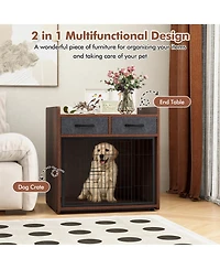 Gymax Industrial Dog Crate Indoor Doge Kennel w/Wide Countertop 2 Fabric Drawers
