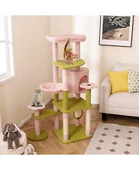 Gymax 58'' Plush Cat Tree Floral Climbing Tree Multi-level Cat Tower w/ Round Basket