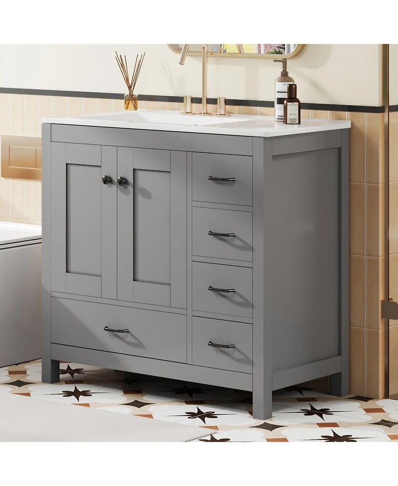 Lovmor 36inch Gray Bathroom Vanity with Ceramic Sink Combo Abundant Storage Cabinet 2 Soft close doors and 5 drawers