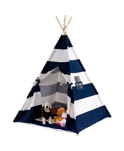Mecale Indian Play Tent 5' Cotton Canvas Children Playhouse with Carry Bag Kids Teepee (Blue & White Stripe)