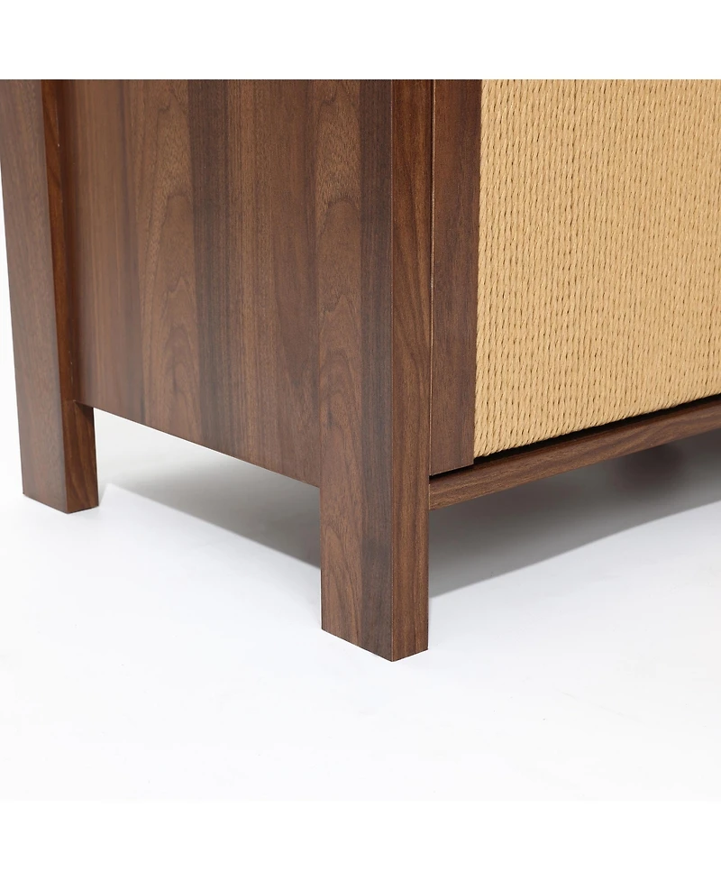 LuxenHome Walnut Finish Storage Cabinet with Rope Drawer Front, 1 Door, 2 Drawers, Mdf Wood