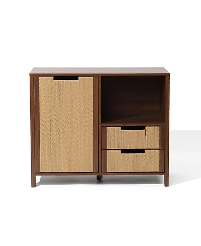 LuxenHome Walnut Finish Storage Cabinet with Rope Drawer Front, 1 Door, 2 Drawers, Mdf Wood