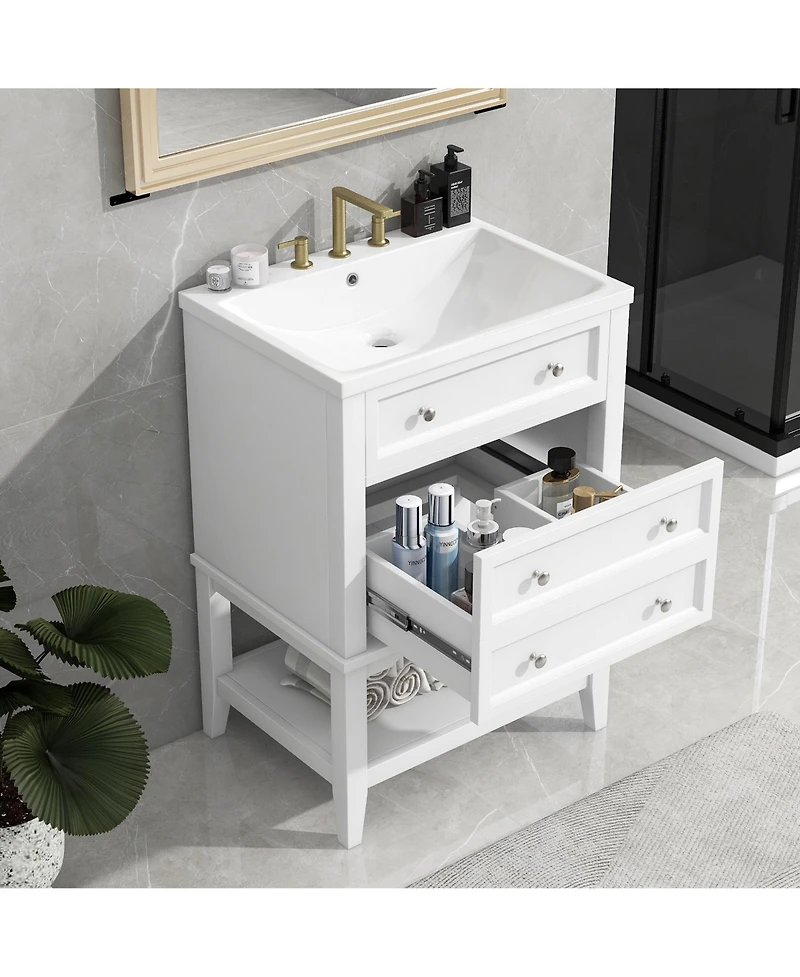 Bathroom Vanity With Sink Bathroom Storage Cabinet with Drawer and Open Shelf Solid Wood Frame White