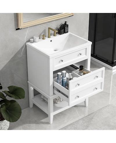 Bathroom Vanity With Sink Bathroom Storage Cabinet with Drawer and Open Shelf Solid Wood Frame White