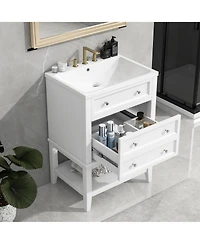 Bathroom Vanity With Sink Bathroom Storage Cabinet with Drawer and Open Shelf Solid Wood Frame White