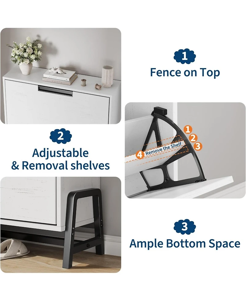 Shoe storage cabinet with 2 flip drawers, metal legs, and adjustable shelf. Slim, freestanding design ideal for entryways and hallways,White
