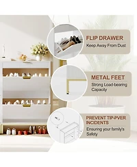 Fluted shoe cabinet with 2 flip drawers, 1 drawer, and a hook. Modern farmhouse style with metal legs. Perfect for narrow entryways,White