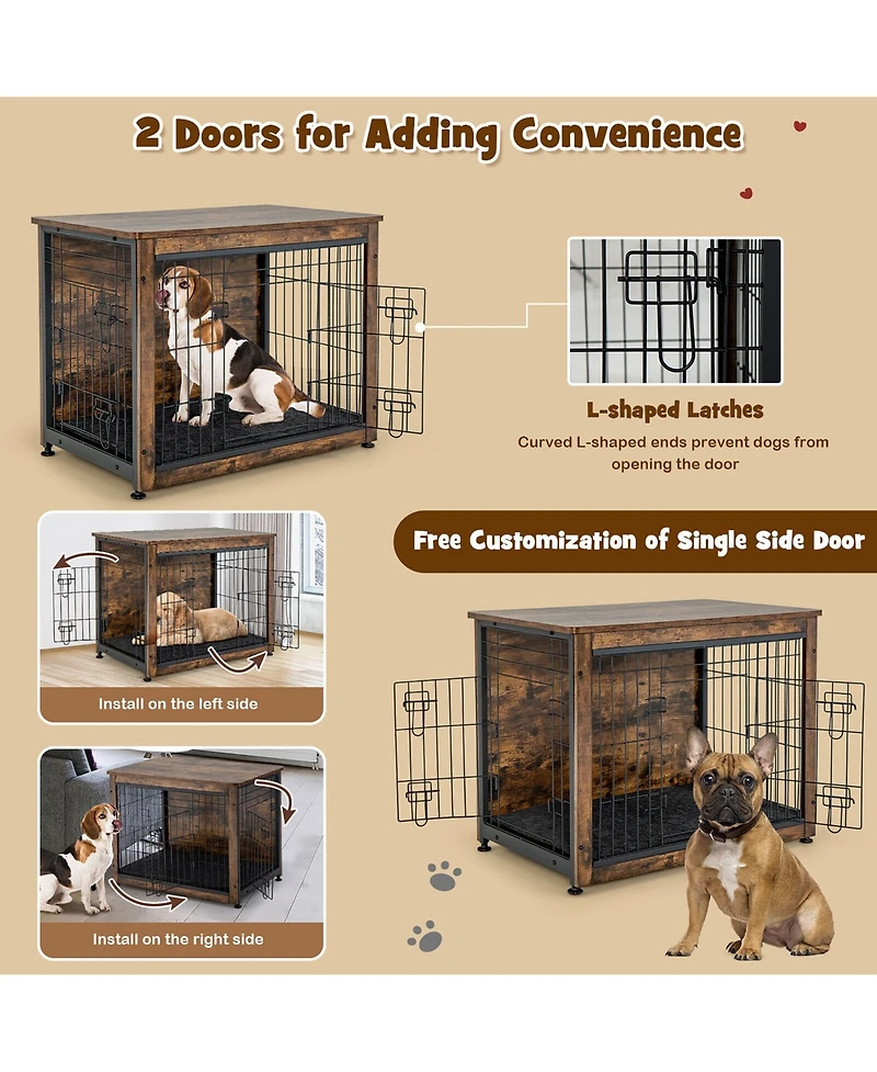 Gymax Wooden Dog Crate Furniture with Pad Bed Double Doors Dog Kennel End Table