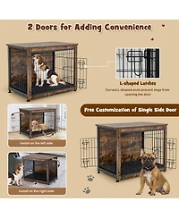 Gymax Wooden Dog Crate Furniture with Pad Bed Double Doors Dog Kennel End Table