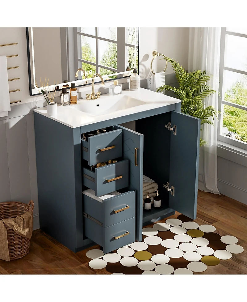 Lovmor 36inch Bathroom Vanity with Ceramic Sink Combo Solid Wood Frame Bathroom Storage Cabinet Freestanding Vanity Set with 3 Drawers Soft Closing Do