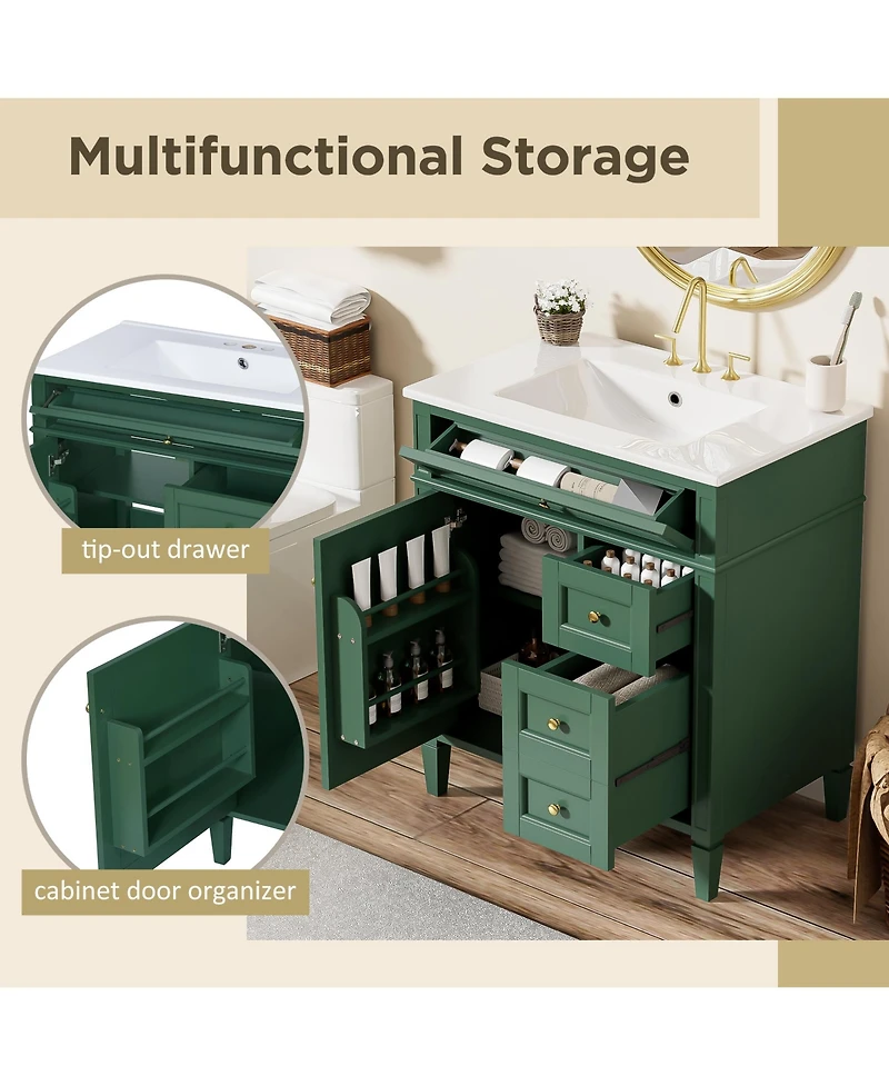 Lovmor 30inch Bathroom Vanity with Top Sink Modern Bathroom Storage Cabinet with 2 Drawers and a Tip out Drawer Single Sink Bathroom Vanity