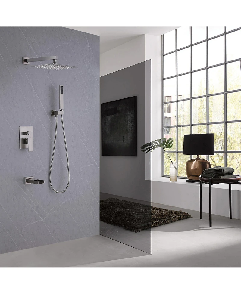 Greenspring Waterfall Spout Single Handle 3-Spray Square High Pressure Tub and Shower Faucet in Brushed Nickel (Valve Included)