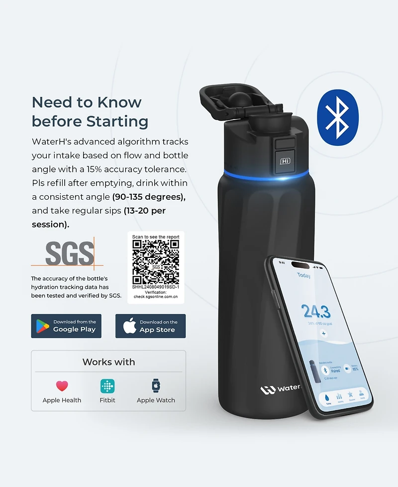 WaterH 32 oz. Insulated Smart Water Bottle with Hydration Tracking