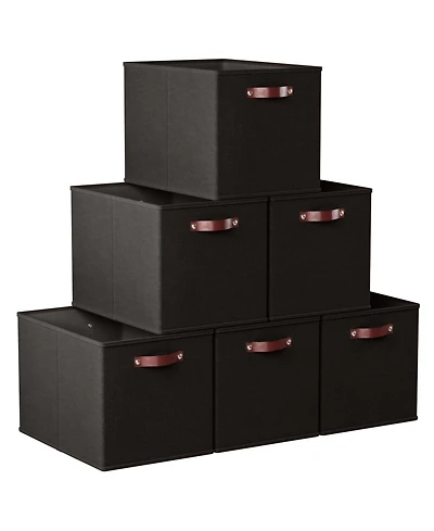 Ornavo Home 6 Pack Linen Fabric Kallax Storage Cube Bin with Faux Leather Handles