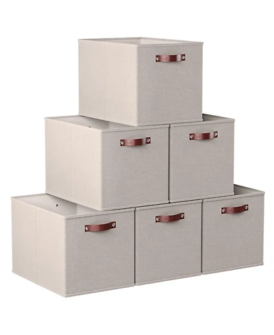 Ornavo Home 6 Pack Linen Fabric Kallax Storage Cube Bin with Faux Leather Handles