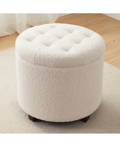 Ornavo Home Donovan Round Tufted Boucle Storage Ottoman - White
