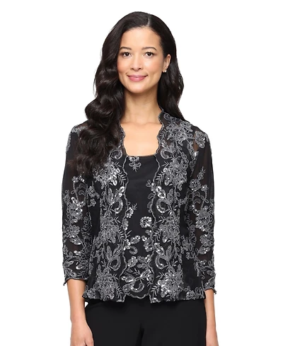 Alex Evenings Women's Embroidered Tank and 3/4-Sleeve Open Jacket Twinset