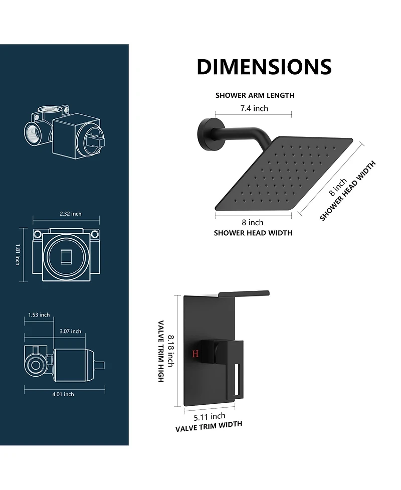 Rainsken Shower Faucet Set with Storage Rack 8-inch Rain Shower Head with Single Spray Shower Head, Matte Black