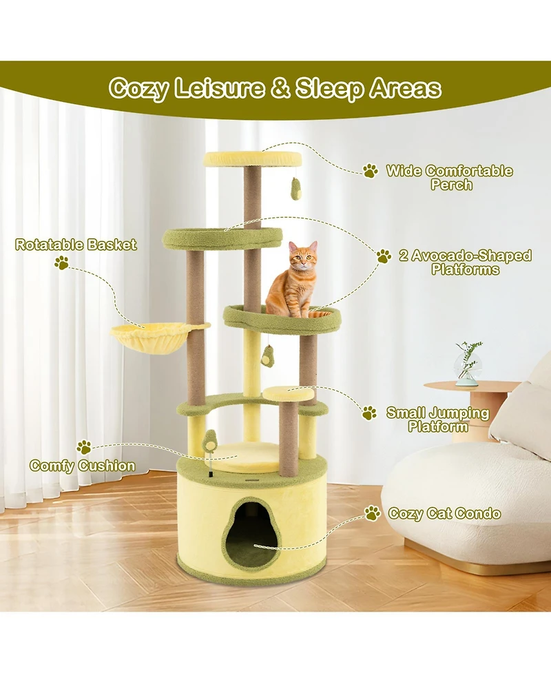 Gymax Large Avocado Cat Tree Multi-level Cat Tower w/ Large Private Condo Fun Pompoms