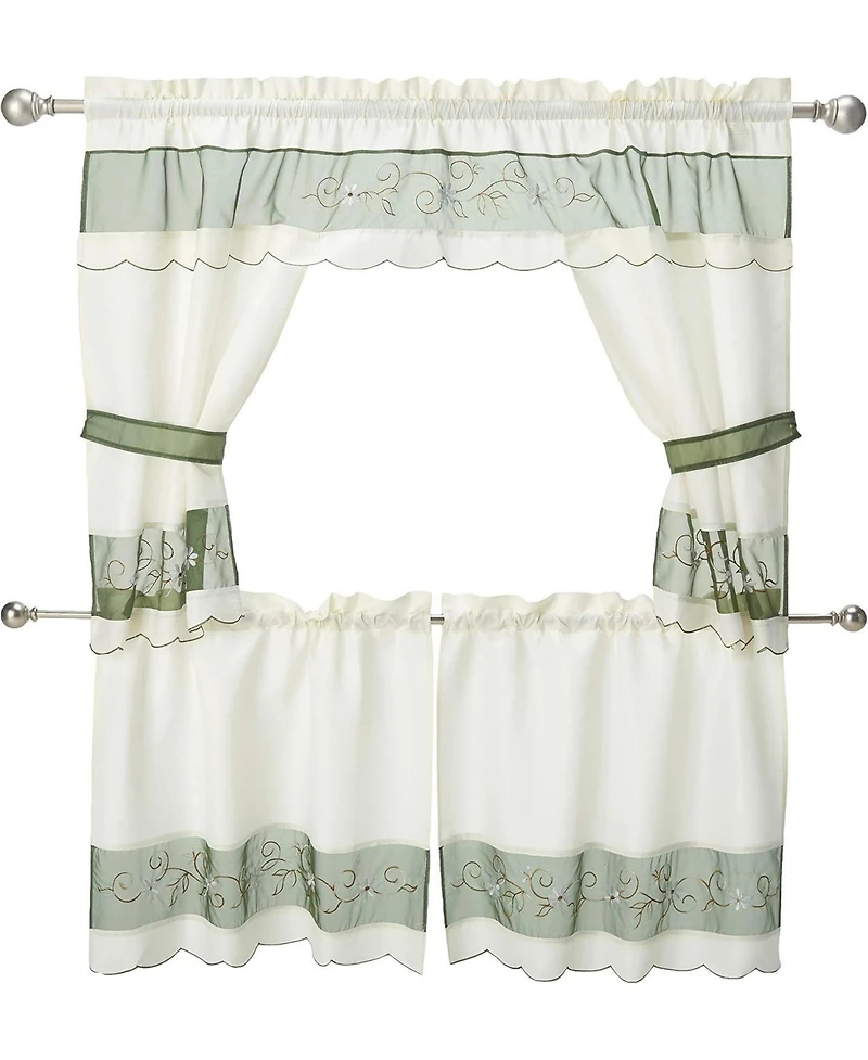 Kate Aurora 5 Piece Embroidered Floral Kitchen Curtain Tier Curtain Valance & Tiebacks Set