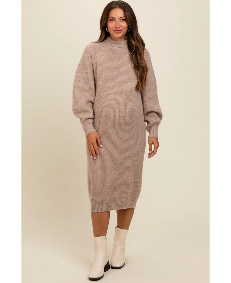 Pinkblush Maternity Beige Mock Neck Bubble Sleeve Midi Sweater Dress