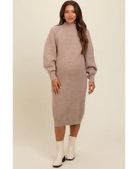 Pinkblush Maternity Beige Mock Neck Bubble Sleeve Midi Sweater Dress