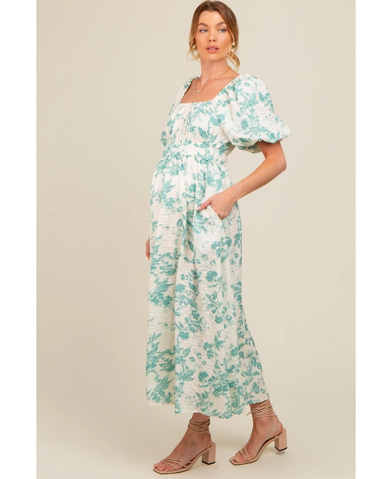 Pinkblush Maternity Teal Floral Puff Sleeve Midi Dress