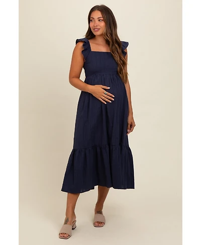 Pinkblush Maternity Navy Blue Textured Cotton Ruffle Strap Midi Dress