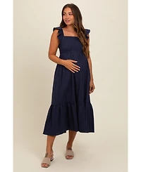 Pinkblush Maternity Navy Blue Textured Cotton Ruffle Strap Midi Dress