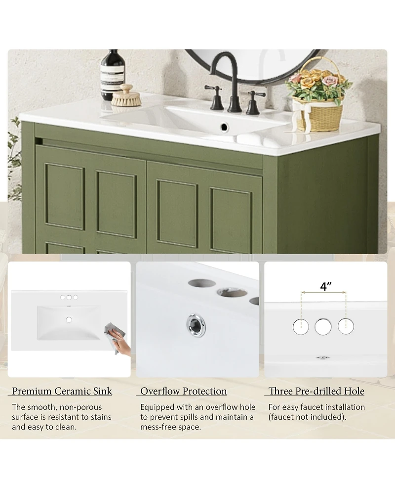 Casainc 36" Bathroom Vanity Organizer with Ceramic Sink and Storage Cabinet Set