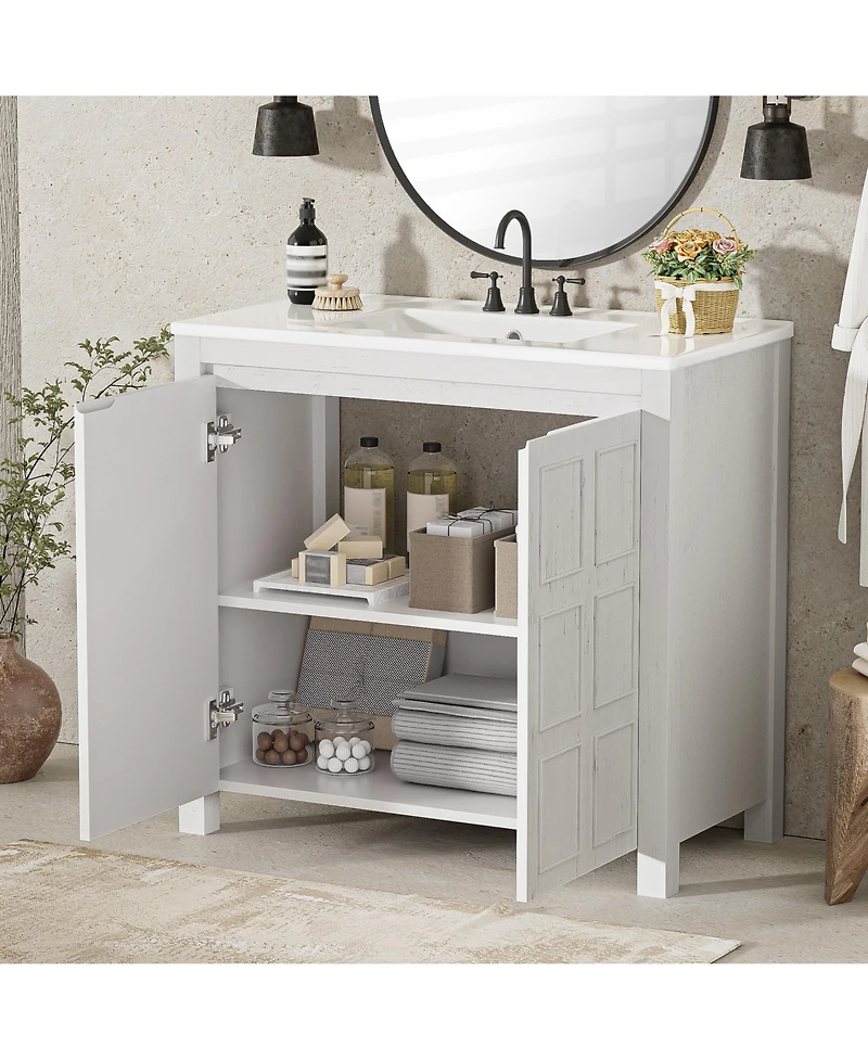 Casainc 36" Bathroom Vanity Organizer with Ceramic Sink and Storage Cabinet Set